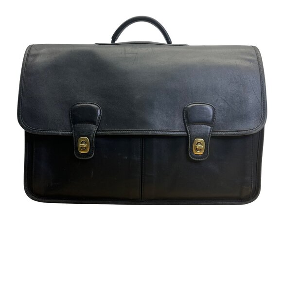 Vintage Coach Black Leather With Dual Buckle Closures & Top Handle Messenger Bag - Picture 1 of 14